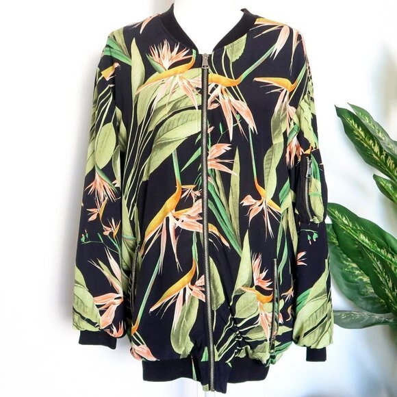 Zara Black Green Tropical Exotic Floral Oversized Bomber Jacket Size Medium - Picture 4 of 13